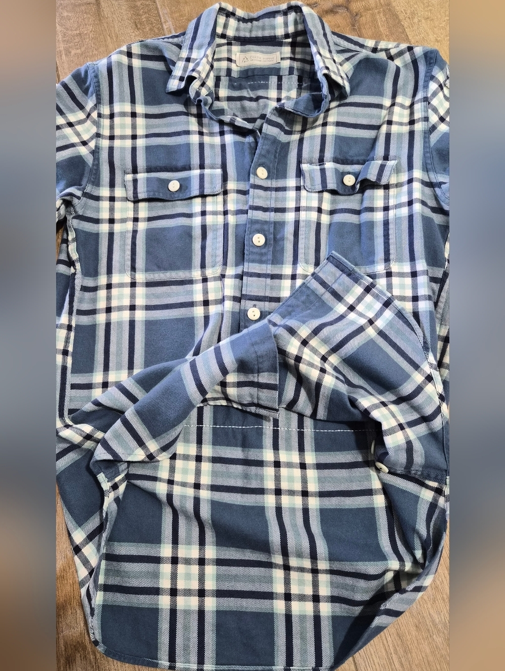 Upcycled Unisex Rolling Stones Flannel Blue Plaid Button Down Shirt - Picture 6 of 8